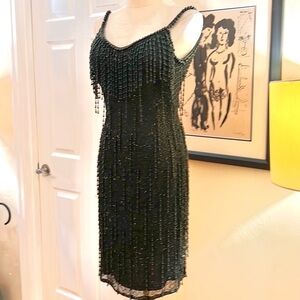 VTG Sho Max Originals,Black Beaded & Tiered Fringe & Sheath Flapper Dress,Size S